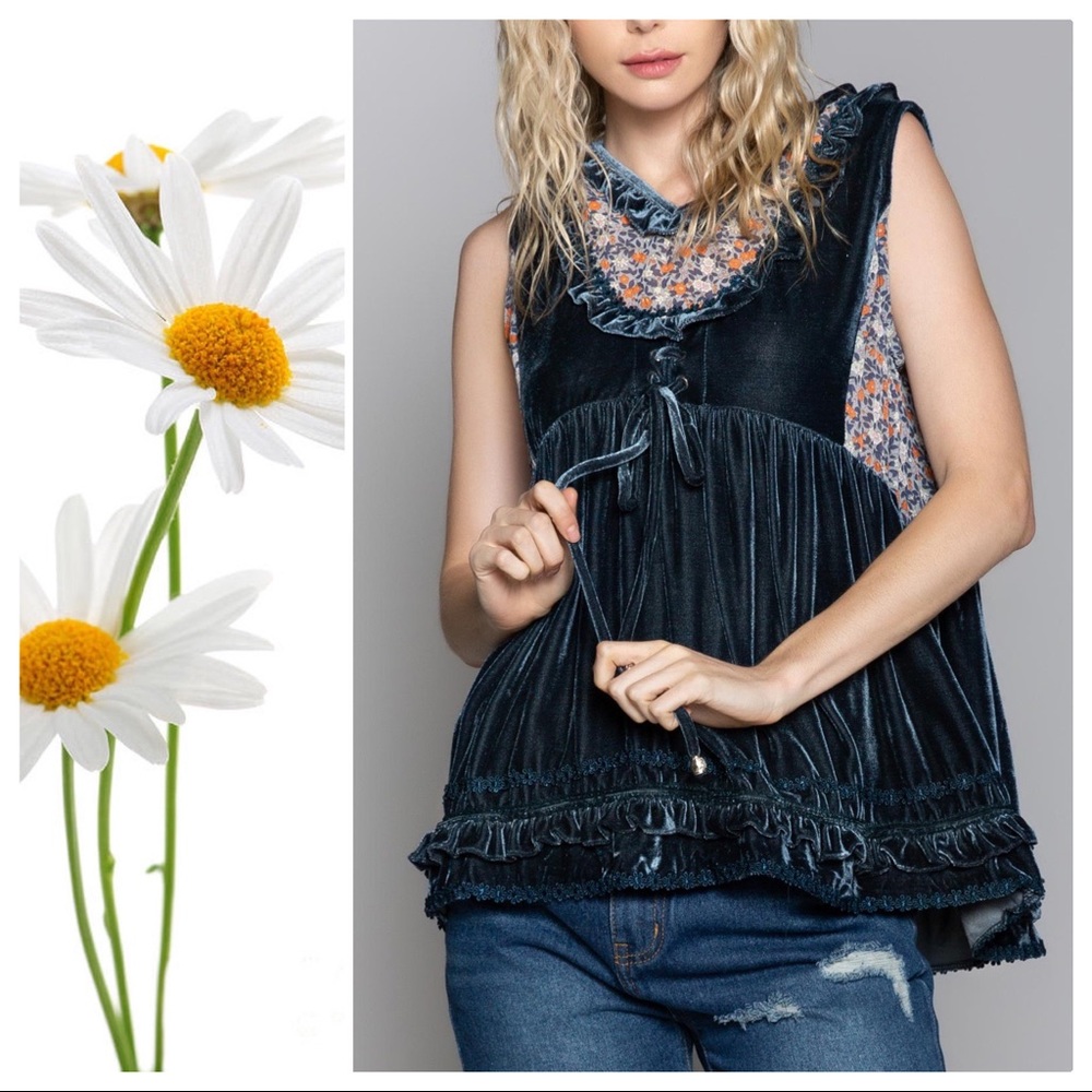 POL Midnight Blue Velvet Babydoll Top - Picture 4 of 11